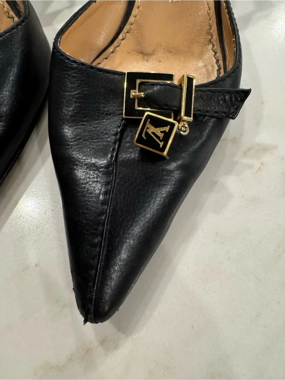 Vintage Louis Vuitton Black Pointed Leather Flats with Gold LV Charm